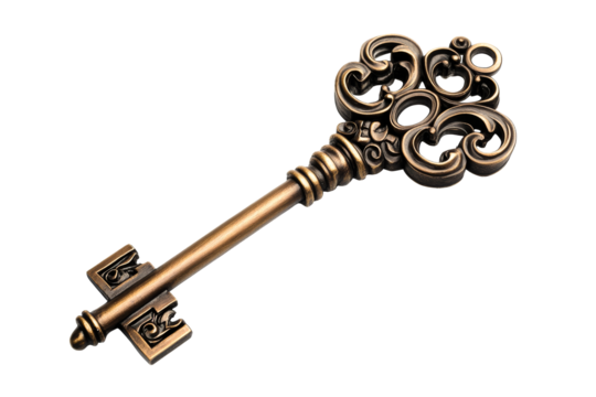 Ornate antique key with intricate design on transparent background
