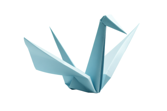 Elegant blue origami crane with transparent background