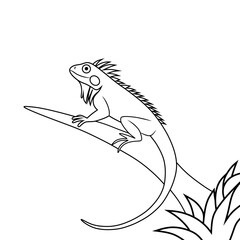 Simple black and white line art illustration of an iguana perched on a branch. Ideal for educational materials, coloring pages, and nature-themed designs.