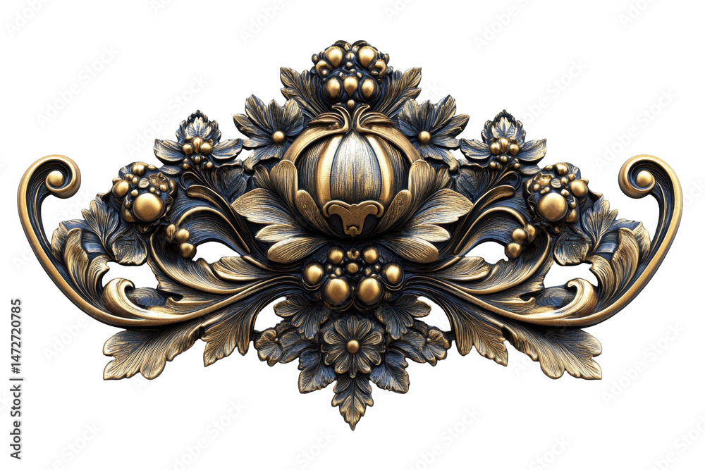 Poster ornate floral design featuring intricate detailing with a central circular element on a transparent 