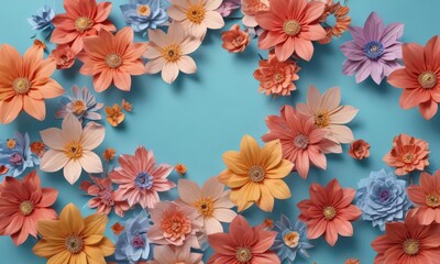 Vibrant paper flowers, light blue backdrop, central space, colorful paper, handmade