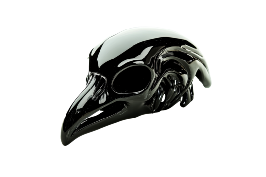 Glossy black raven skull sculpture on clear backdrop