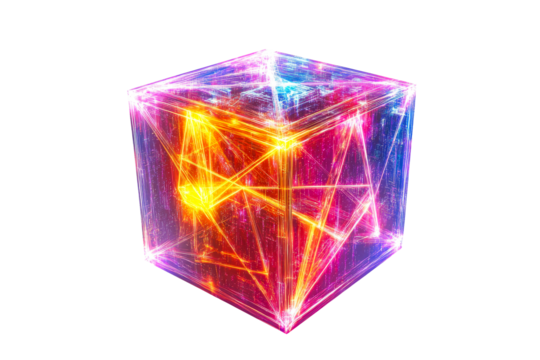 Bright geometric cube with glowing lines on a transparent background