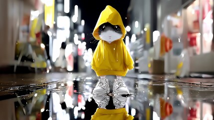 Lonely cat in yellow raincoat reflects in puddle