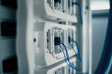 Close-up of Server Rack with Blue Cables