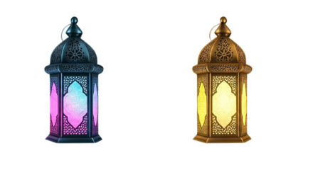 Elegant Ramadan lanterns glowing with warm and cool lights, showcasing intricate metalwork and a festive spirit.