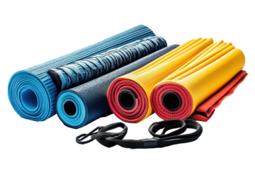 Colorful yoga mats arranged neatly with a strap on a white background, suitable for various fitness activities and meditation practices