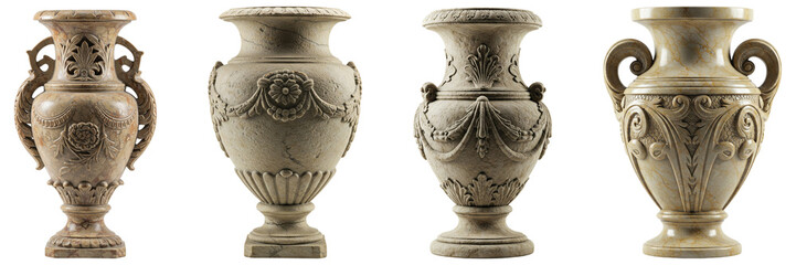 Four intricately carved stone vases, each featuring unique designs—from floral motifs to geometric patterns—isolated on a transparent background, perfect for decorative and artistic display.