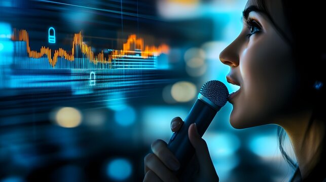 Voice of Technology: A woman speaks into a microphone, her voice visualized within an abstract digital interface. Combining technology with human expression, a symbol of communication