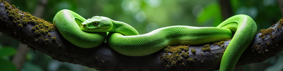 Obraz premium Large green python coiled on a tree branch in the Sulawesi rainforest, showcasing wild beauty and tension. National Geographic style wildlife concept.