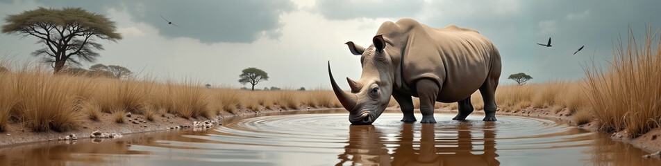 Obraz premium A white rhinoceros drinking from a muddy waterhole surrounded by tall reeds and dry grass, wildlife concept in a natural habitat. National Geographic style. Banner, wallpaper 
