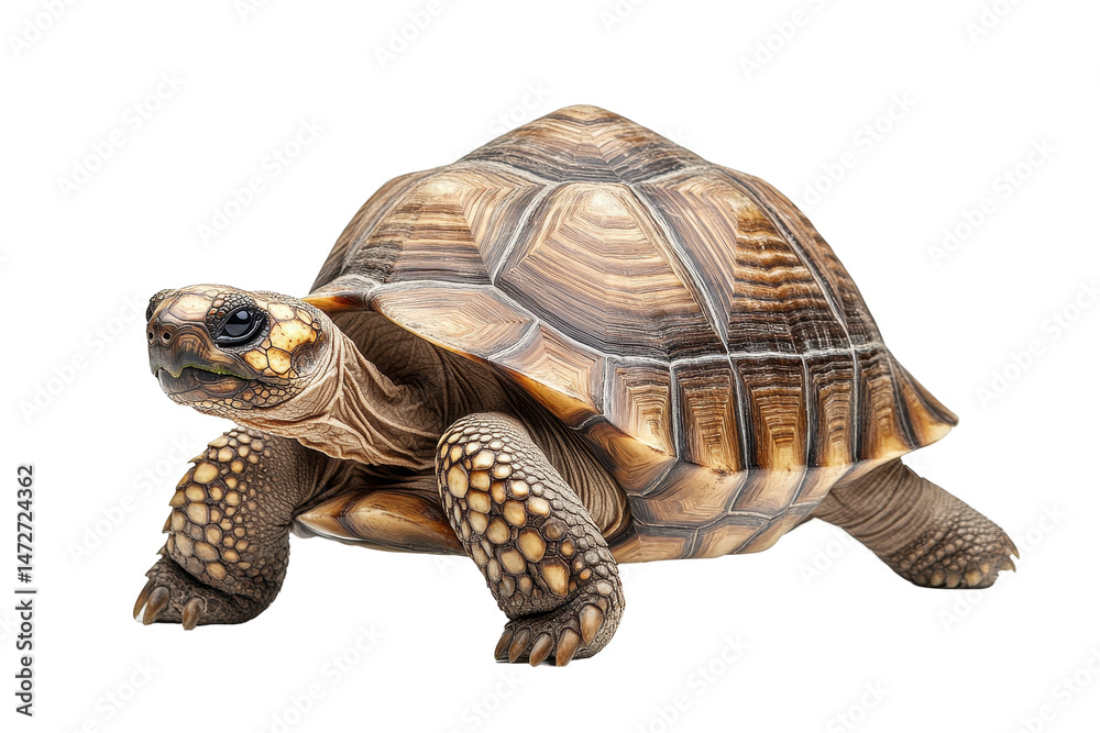 Poster Tortoise walking on a white background, highlighting its textured shell and distinct features
