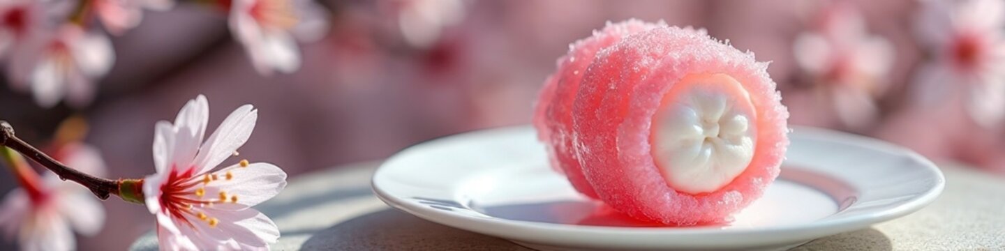Delicate pink mochi on white plate with cherry blossom background in soft focus