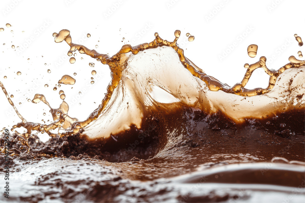 Aufkleber Dynamic splash of dark liquid creates an artistic wave effect on a white background and showcases the beauty of fluid motion in abstract design