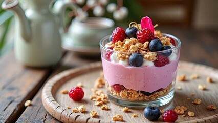 Delicious berry yogurt parfait with granola on rustic wooden table
