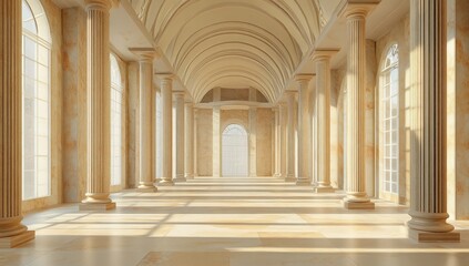 Majestic colonnaded hall bathed in sunlight