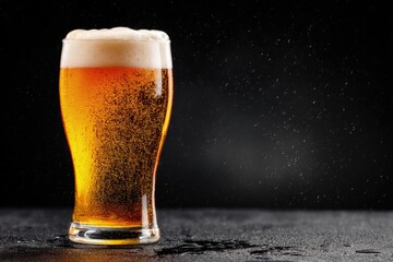 Full pint of foamy amber beer with vivid carbonation and crisp detail against black background, suitable for bar promotions, drink visuals, and beer marketing