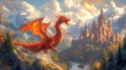 Fiery dragon soaring above a majestic castle in a mountainous landscape.