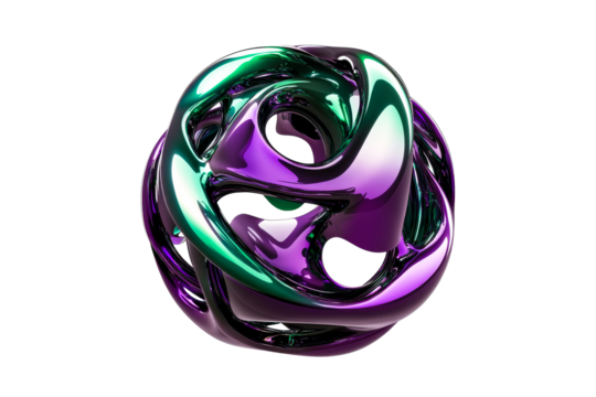 A vibrant sculpture displays intricate curves in purple and green