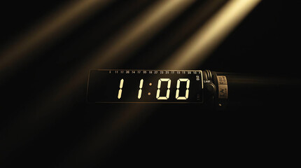 A digital clock displaying 11:00 on a dark background, glowing brightly in the night.