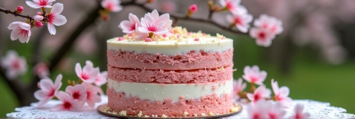 Cherry blossom-themed cake with pink layers and floral decorations