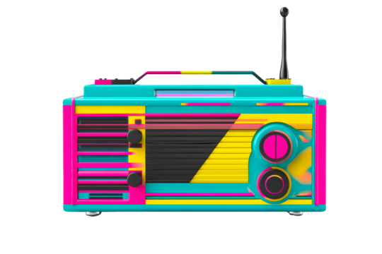 Colorful retro radio with vibrant design and transparent background