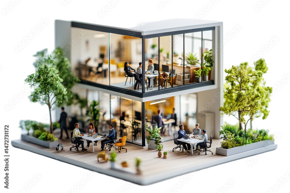 Aufkleber creative workspace filled with people collaborating and working on laptops in a bright, plant-filled