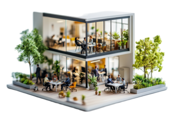 Creative workspace filled with people collaborating and working on laptops in a bright, plant-filled environment with modern furniture and large windows during daytime
