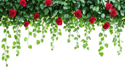 Romantic Red Roses with Green Leaves Frame on a White Background