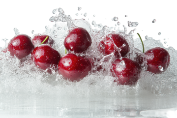 Fresh cherries splashing into clear water with bubbles in a bright setting showcasing fruit freshness and vitality