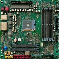 Close up of a green motherboard on white background