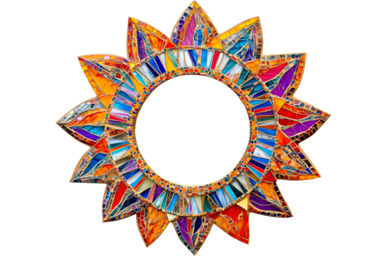 Colorful, decorative mirror with a sunburst design and vibrant tiles