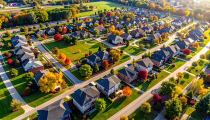 Fototapeta premium Aerial view of a vibrant suburban neighborhood in autumn, showcasing colorful trees and well-kept lawns