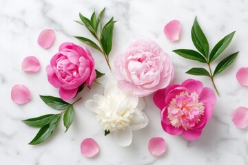 Beautiful arrangement of pink and white peonies on a marble surface, surrounded by delicate petals and green leaves, creating a serene and elegant floral composition