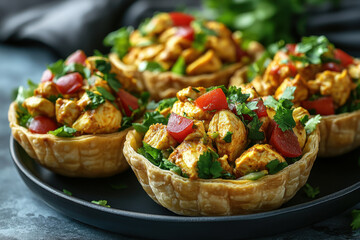 Chicken Tarini cups with tomato on plate.