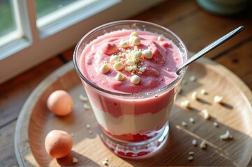 Delicious strawberry mousse with white chocolate chips in sunlit kitchen