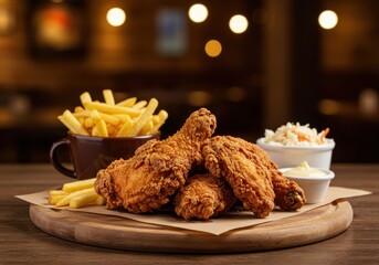 Crispy fried chicken with fries coleslaw and sauce on wooden board