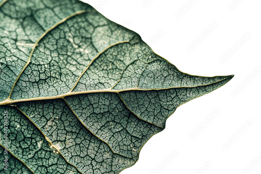 Poster Detailed close-up of a textured leaf showcasing intricate patterns and vibrant green tones set against a transparent background