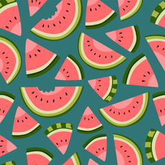 Colorful Watermelon Slices Pattern on Teal Background, Fruit Design