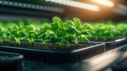 Young fresh green lettuce seedlings growing in black plastic trays under grow lights in a controlled indoor gardening environment for healthy fresh produce