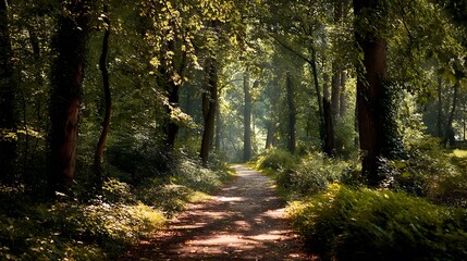 Obraz premium A forest path lined with trees, with sunlight filtering through the leaves, symbolizing the importance of preserving natural spaces .
