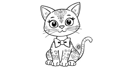 Obraz premium Charming black and white cat illustration with ornamental floral patterns and a bow tie