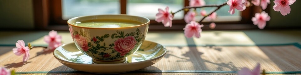 Japanese green tea in floral cup with cherry blossoms on wooden table