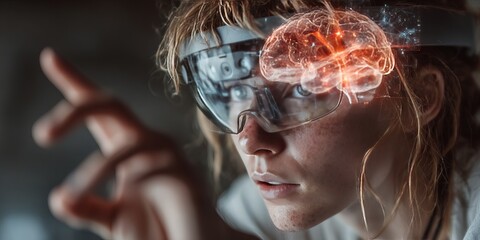 Woman wearing smart AR glasses interacting with a glowing holographic brain interface in a futuristic environment