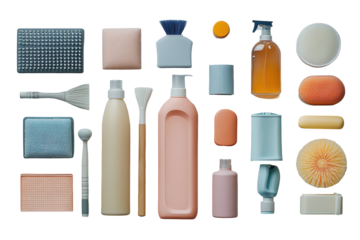 Cleaning supplies arranged neatly on a white background, showcasing bottles, brushes, sponges, and other essentials for household cleaning tasks