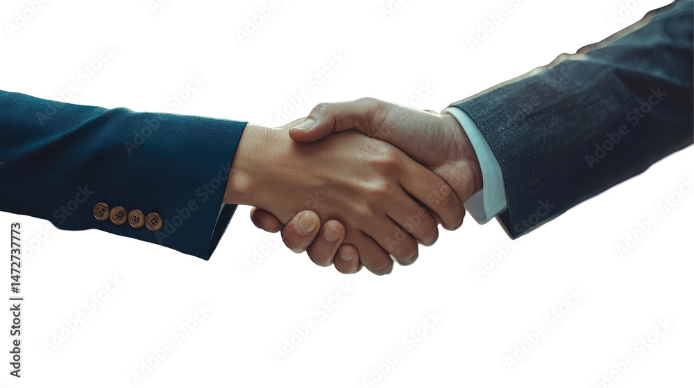 Poster business professionals engaging in a handshake while wearing formal attire in a bright, neutral sett
