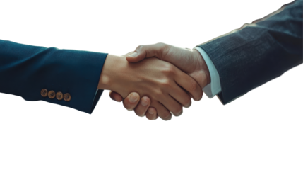 Business professionals engaging in a handshake while wearing formal attire in a bright, neutral setting during a meeting