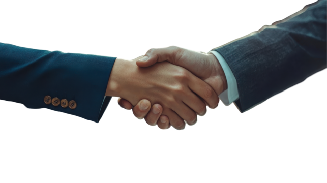 Business professionals engaging in a handshake while wearing formal attire in a bright, neutral setting during a meeting