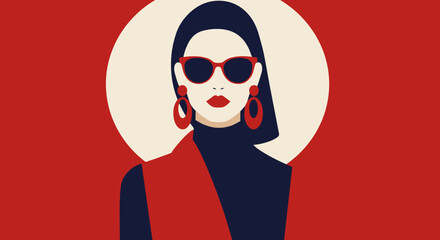 Stylish woman wearing sunglasses with bold red background  