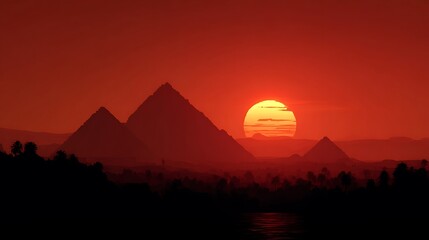 Obraz premium A sunset casting a red-orange glow over the Egyptian pyramids, creating a breathtaking silhouette .